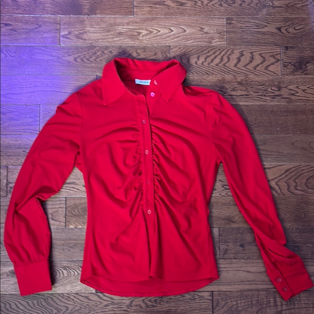 Ruched Red Button-Up Women's Top